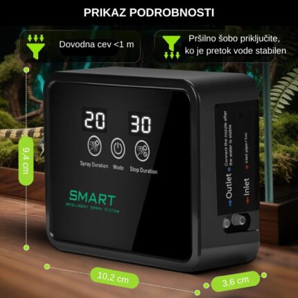 Prikaz podrobnosti in dimenzij meglilnega sistema za terarije