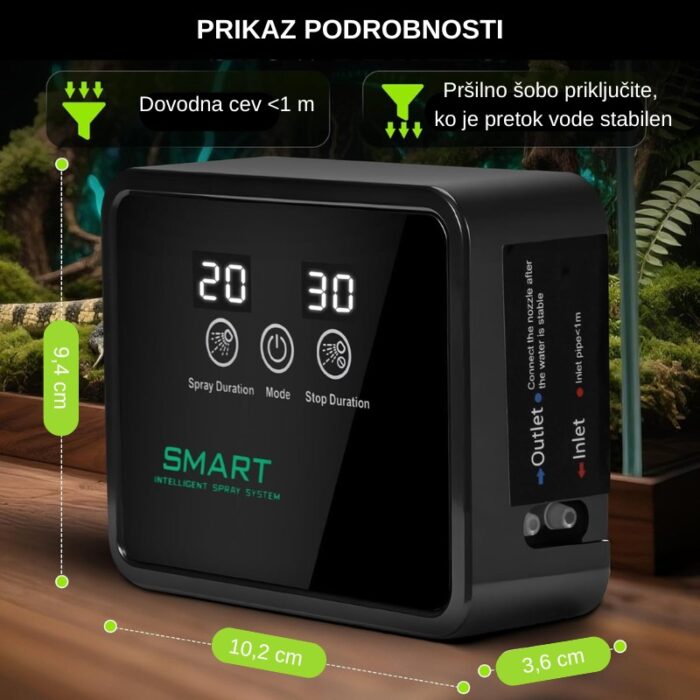 Prikaz podrobnosti in dimenzij meglilnega sistema za terarije